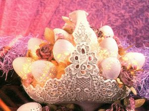 D1083 Lace Applique Basket 9"H Bisque$15.30 Though pictured with Easter Eggs, This basket can be used for many different events, including Weddings, Dining Room Floral arrangements, etc D1082-A Lace Applique D1082 Eggs Set of 5 2.5"H Bisque $6.60